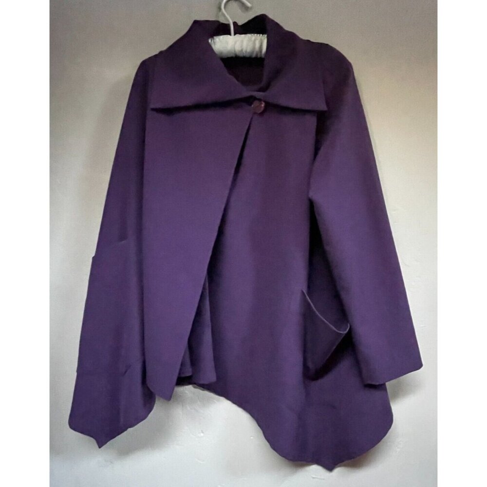 Staples Womens Medium Wrap Front Asymmetric Coat Jacket Purple Lagenlook Stretch